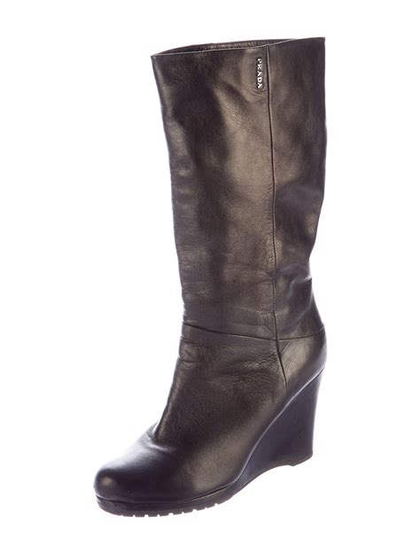 prada leather wedge mid-calf boots|More.